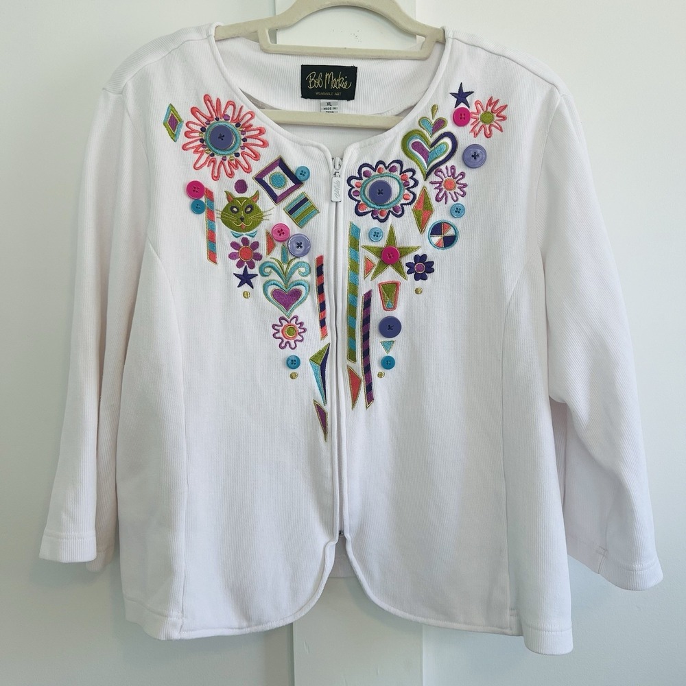 Women's Bob Mackie Wearable Art Zip Jacket, 3/4 Sleeves, Colorful, Cotton, Sz XL